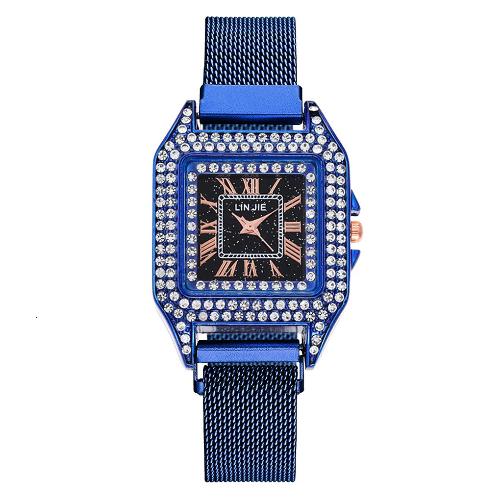 Women Magnet Buckle Square Case Shape Diamond Watch Luxury Ladies Stainless Steel Belt Quartz Watches Gift Clock