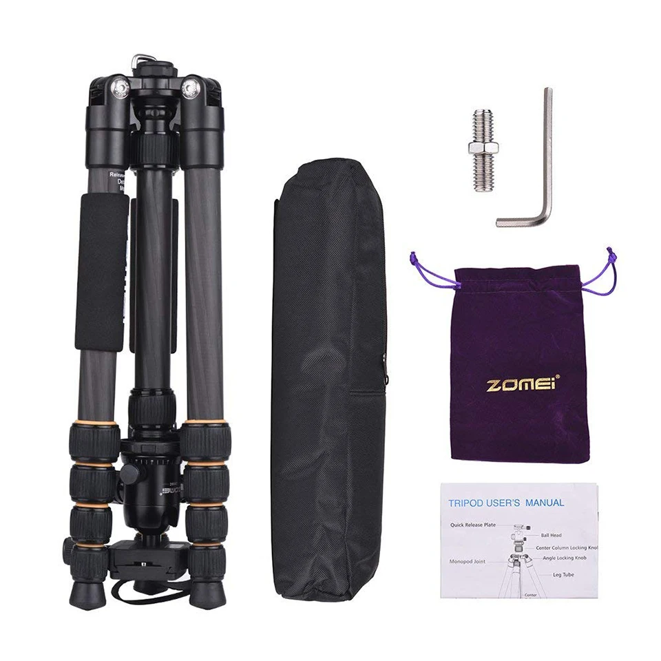 ZOMEI Q666C Protable Travel Carbon Fiber Camera Tripod Monopod&Ball Head Quick Release Plate Phone holder For SLR Digital Camera