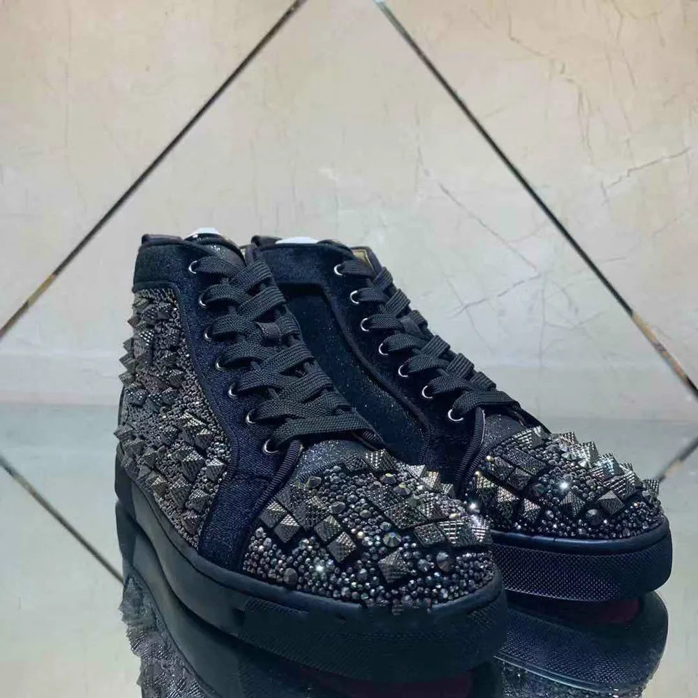 

Tophigh Top Leisure Black Shape Rhinestone Rivet Red Bottoms For Men Sports Shoes Lace Up Sneakers Leather Flat Loafers