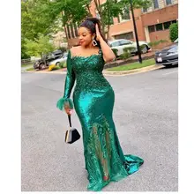 

Elegant Emerald Green Mermaid Sequined Prom Dresses Lace Beaded Sheer Neck Evening Formal Party Second Reception Gowns