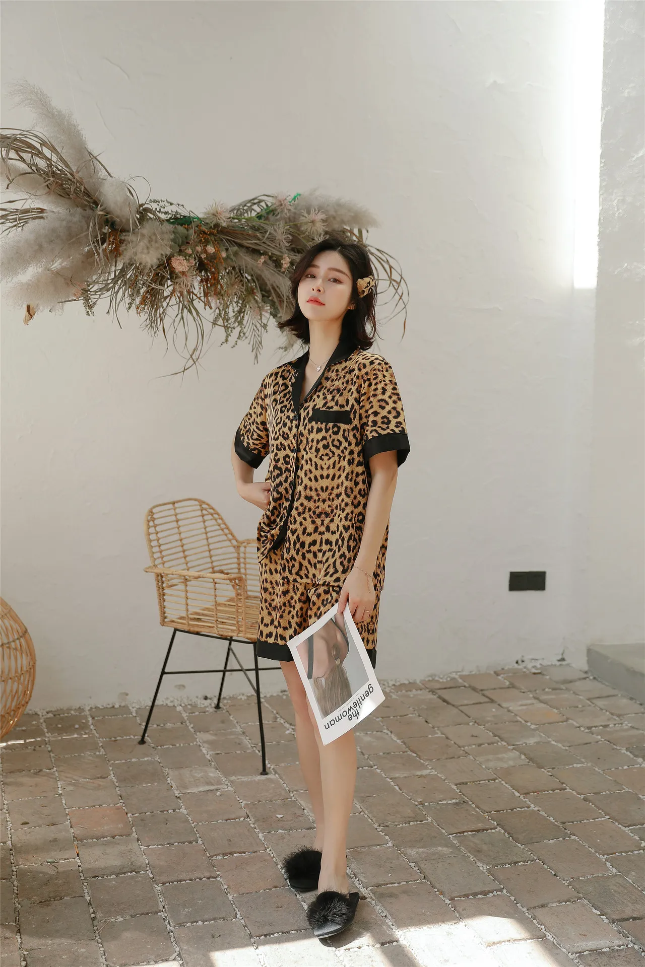 Pajama feminine leopard print summer ice silk short-sleeved shorts home wear two suits imitation silk pajama suits