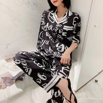 

Pajamas Women Summer Thin Section of Ice Silk Long Sleeve Two-piece Suit Fashion Alphabet Printed Home Suit Spring and Autumn