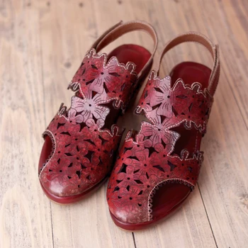 

YourSeason Women Chinese Style Sandals Summer Genuine Leather 2020 New Sewing Casual Concise Ladies Retro Red Shoes Hook Loop