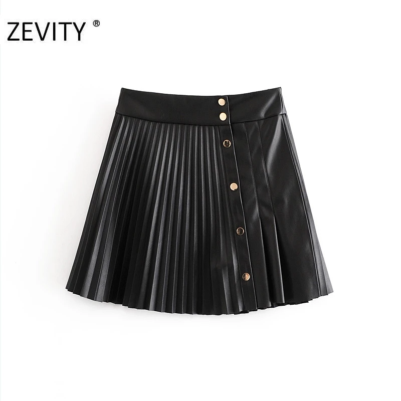 Zevity Women vintage high waist PU Leather pleated mini skirt faldas mujer ladies front buttons casual brand chic skirts QUN689