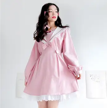

Pink sweet lolita dress college style vintage lace bowknot sailor collar high waist victorian dress kawaii girl gothic lolita op