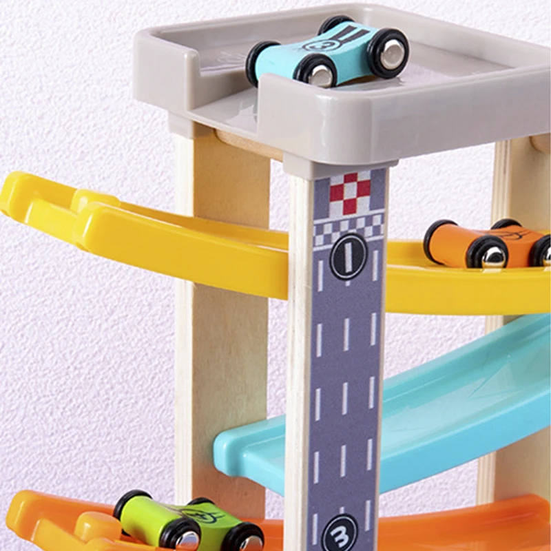 Wooden Racing Track Racing Car Fun Track Sliding Cars With 4pcs