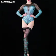 Женская одежда для сцены, певица, синий, черный, стразы, спандекс, эластичное боди, леггинсы, танцевальный костюм для шоу, наряд на день рождения