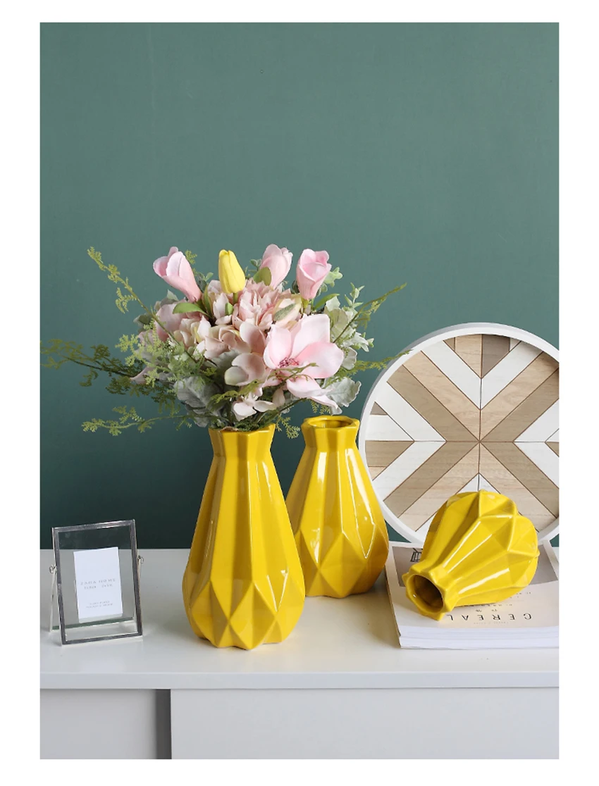 Современная декоративная ваза с геометрическим узором, желтая керамическая ваза, украшение для дома и офиса, фарфоровая ваза, ваза для цветов, калибр 5 см