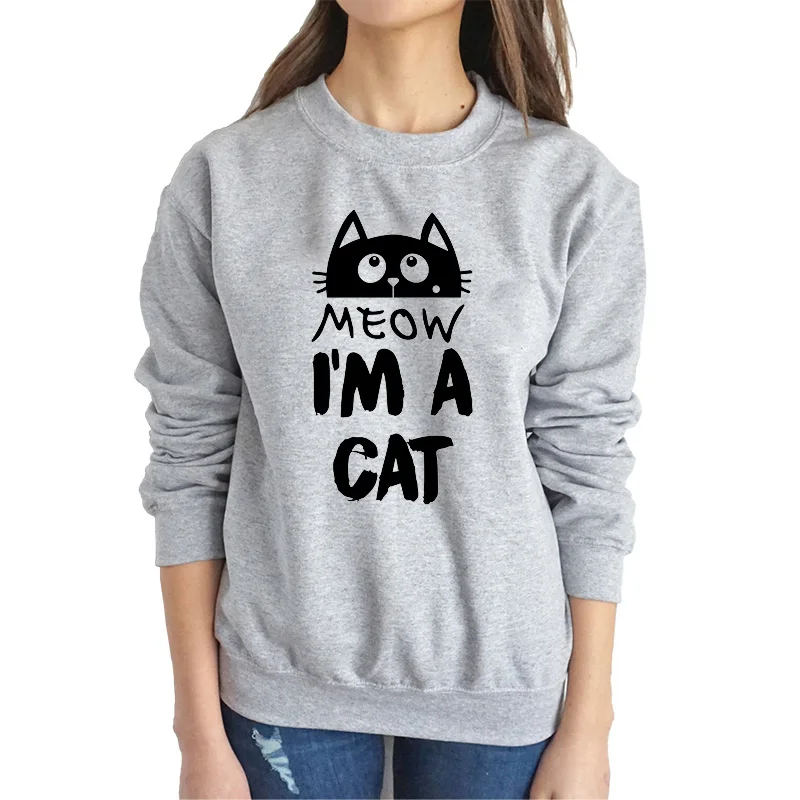 Besikom I'm A Cat напечатанный Женский свитшот Черный Повседневная осенняя одежда плюс размер Графический женские толстовки выше размера