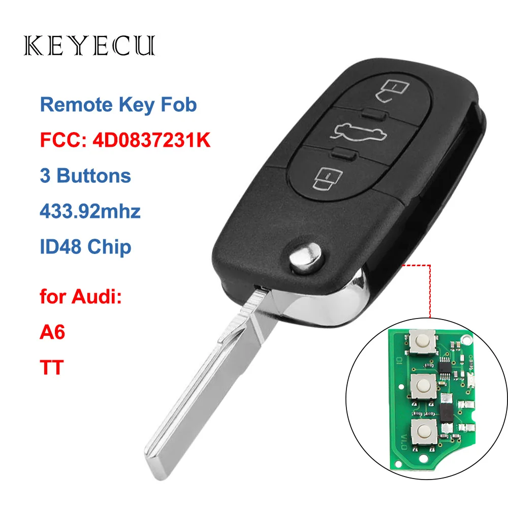 Дистанционный ключ брелок от машины Keyecu 433 МГц для Audi A6 1998 2000 2001 2002 2003 2004 TT 2006 4D0 837 231