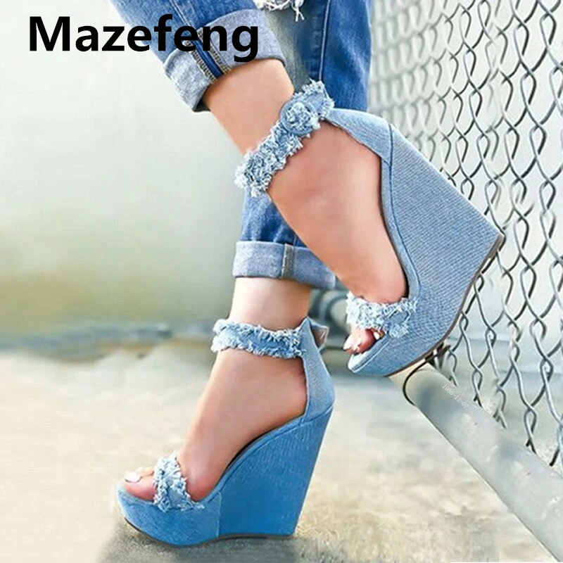 

Mazefeng 2019 New Designer Denim Sandals Summer Roman Sandals High Quality Wedges High Heels Peep-Toe Platform Shoes Woman