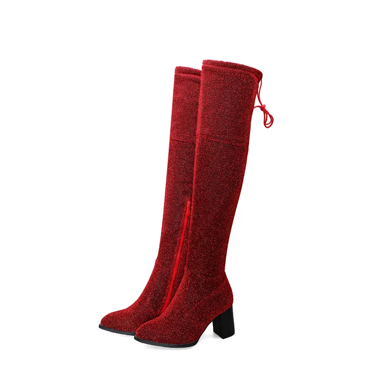 red plush Женские теплые ботинки; коллекция года; сезон осень-зима; новые ботинки с острым носком на толстом каблуке; эластичные сапоги; женская обувь; женские зимние сапоги - Цвет: red plush