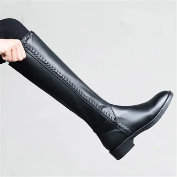 

Autumn Winter Genuine Leather Riding Boots Women Long British Style Knight Botas Mujer Knitting Casual Zipper Block Heels Shoes