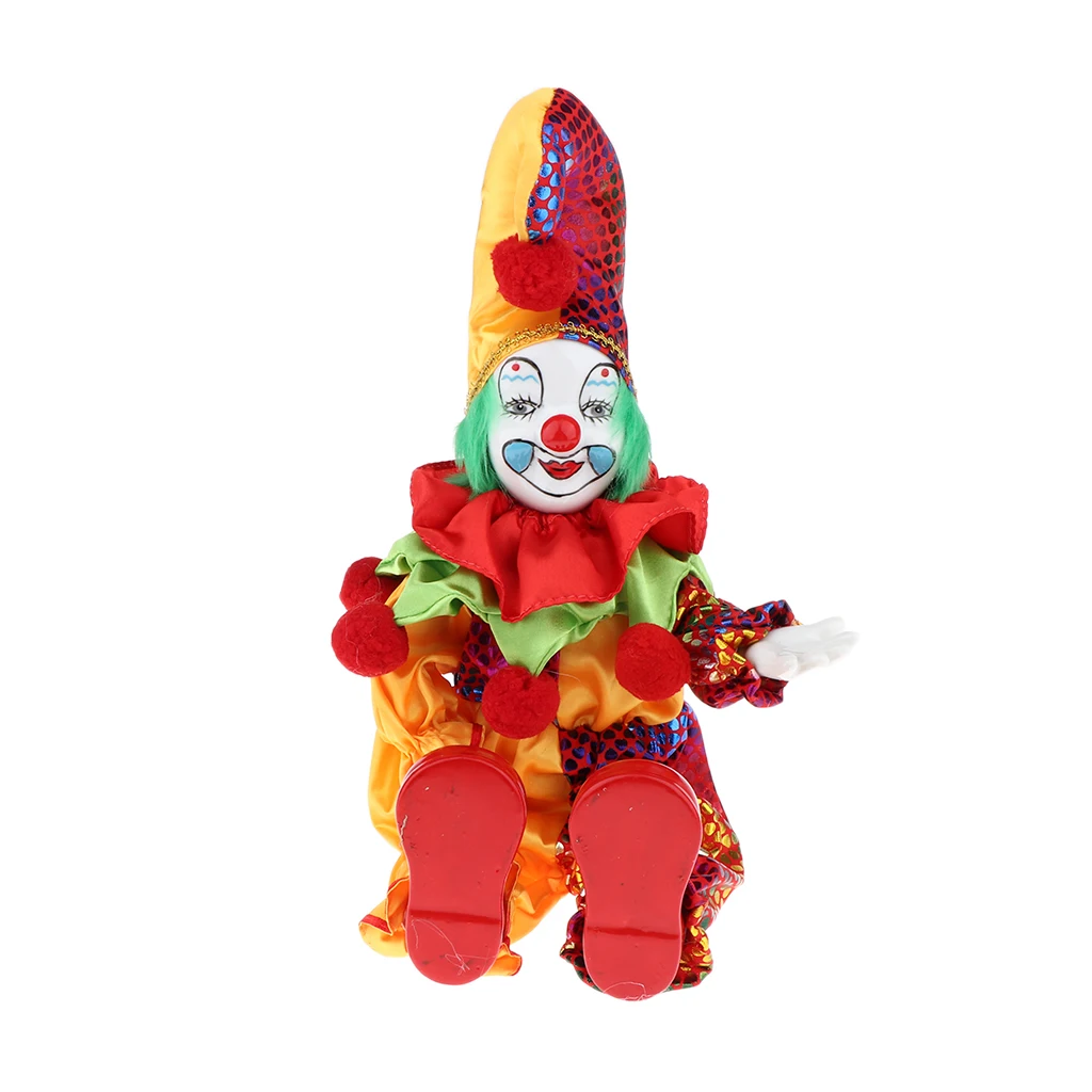 Porcelain Clown Doll Hanging Foot Harlequin Doll, Home Office Desk Shelf Display Ornaments, H