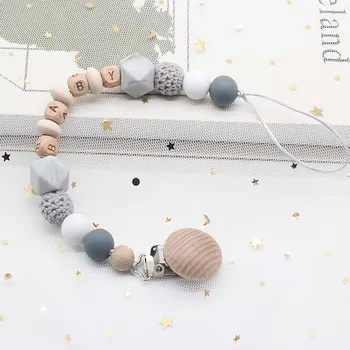 

2020 Baby Personalized Name Silicone Bead Teething Pacifier Clip Wood Beads Nursing Clip Toy Binky Binkie Clip Baby Shower Gift
