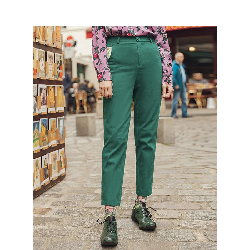 INMAN Autumn New Arrival High Waist Elastic Cotton Leisure All-match Contrast Color Literary Pant INMAN Autumn New Arrival High Waist Elastic Cotton Leisure All-match Contrast Color Literary Pant