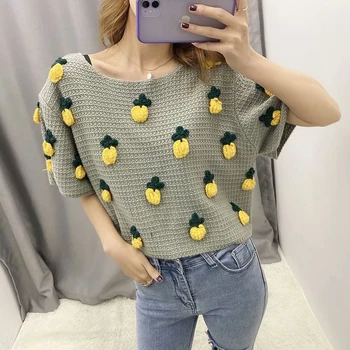 

New Spring Women's Tops Fashion Small Fresh Round Neck Pineapple Pattern Pullover Short-sleeved Sweater Casual Loose Sweater