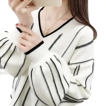 

Autumn Winter Knitted Sweater Women Loose Wild V Neck Striped Pullover Patch Pull Femme Lady Top