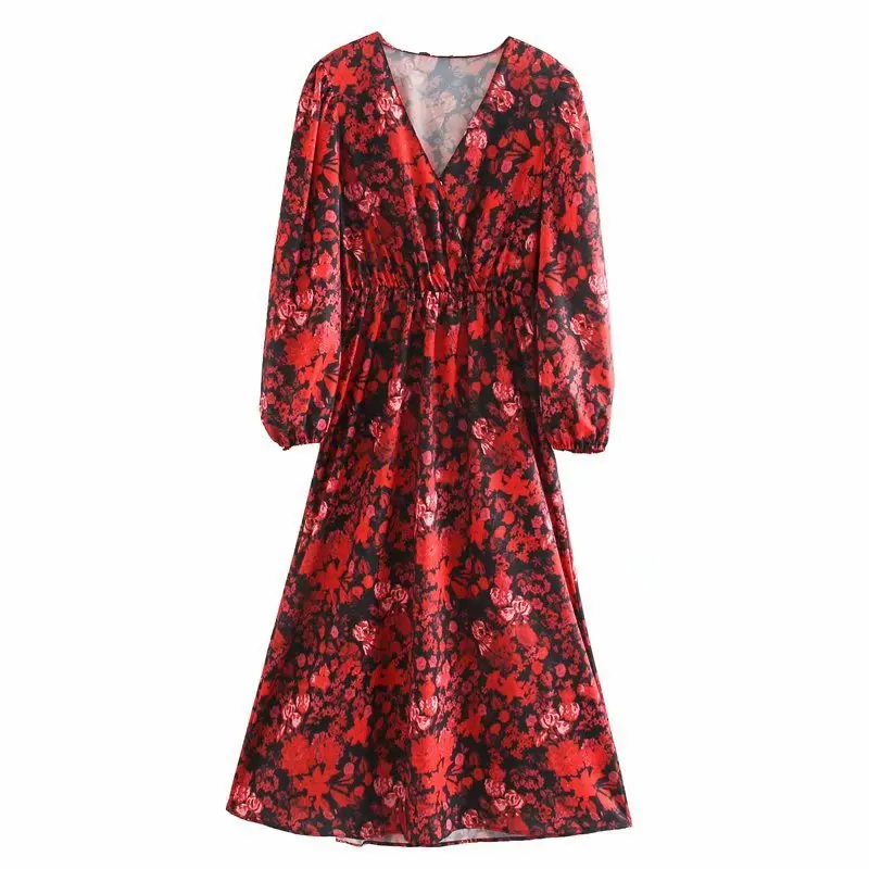 

Europe And America 2020 Early Spring New Style WOMEN'S Dress Versitile Fashion Slimming V-neck Floral Print Three-quarter-length