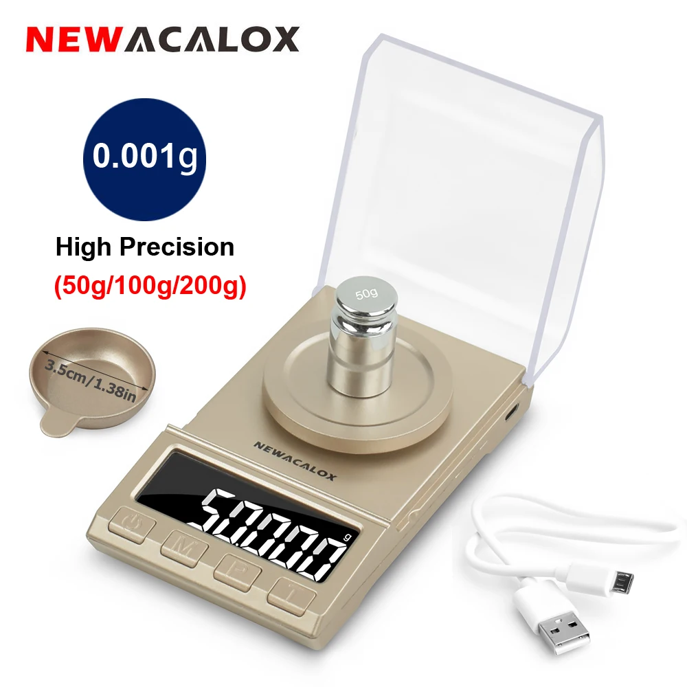 Digital Portable Milligram Scale 50 x 0.001g NEWACALOX High Precision Jewelry Lab Reload Powder Gold Scales,Tare with Calibration Weights 