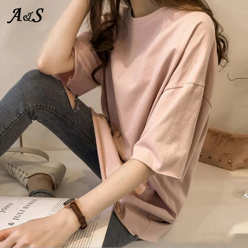 Korean Style Female T-shirt Pure Color M-XL Oversized Women Tops Harajuku  Simple Basic Tee Shirt Feminina White Casual O-neck