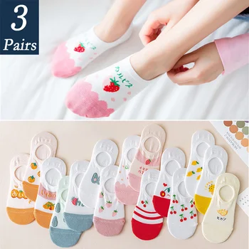 

3 Pairs Women Cotton Silicone invisible Socks Summer Fashion Thin Fruit Ankle Boat Socks Female Slipper No show Socks Non-slip