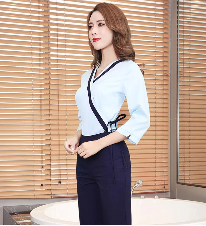2pcs /Set Slim Fit Overalls Beautician Beauty Salon Work Clothing Health Museum SPA Technician Womens Elegant Quality Suit