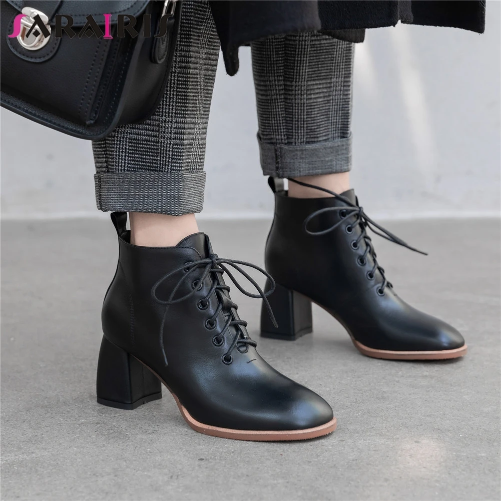 

SARAIRIS New 33-43 Brand OL Booties Ladies High Quality Black Genuine Leather Ankle Boots Women 2020 High Heels Shoes Woman