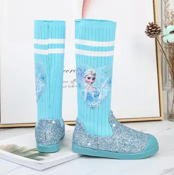 

Autumn Winter Frozen Girls Snow Boots Knitted Children High Boots Outdoor Warm Kids Over The Knee Sock Boots Casual Shoes