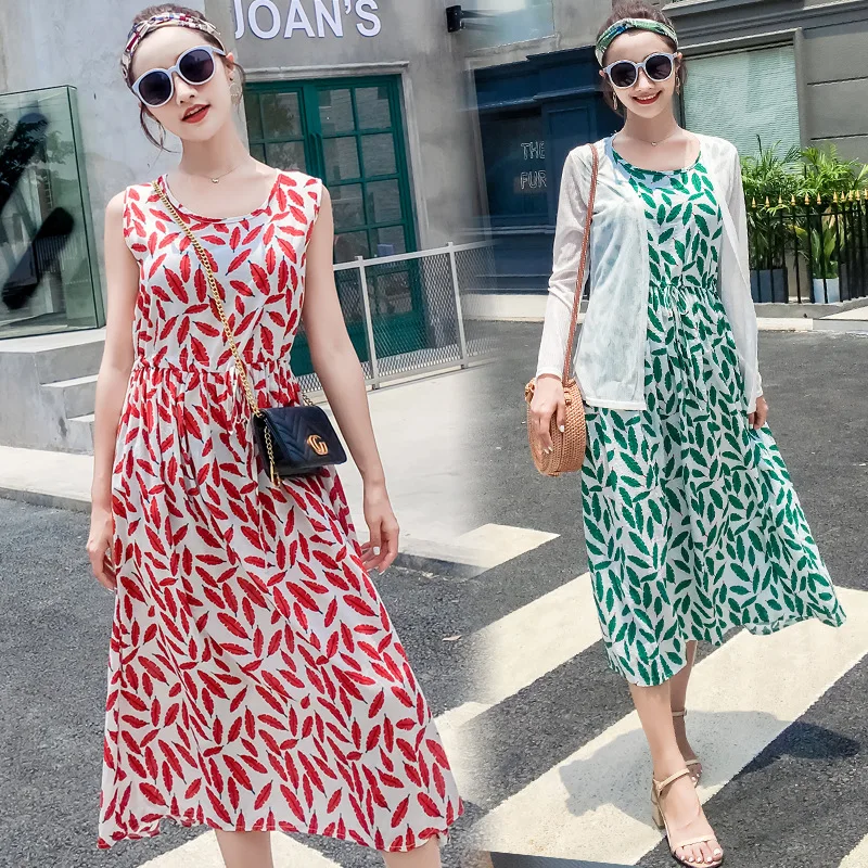 

Pregnant Women Summer Wear Set Korean-style Chiffon Cardigan Two-Piece Set Pregnancy Mid-length Pregnant Women Dress Strapped Dr