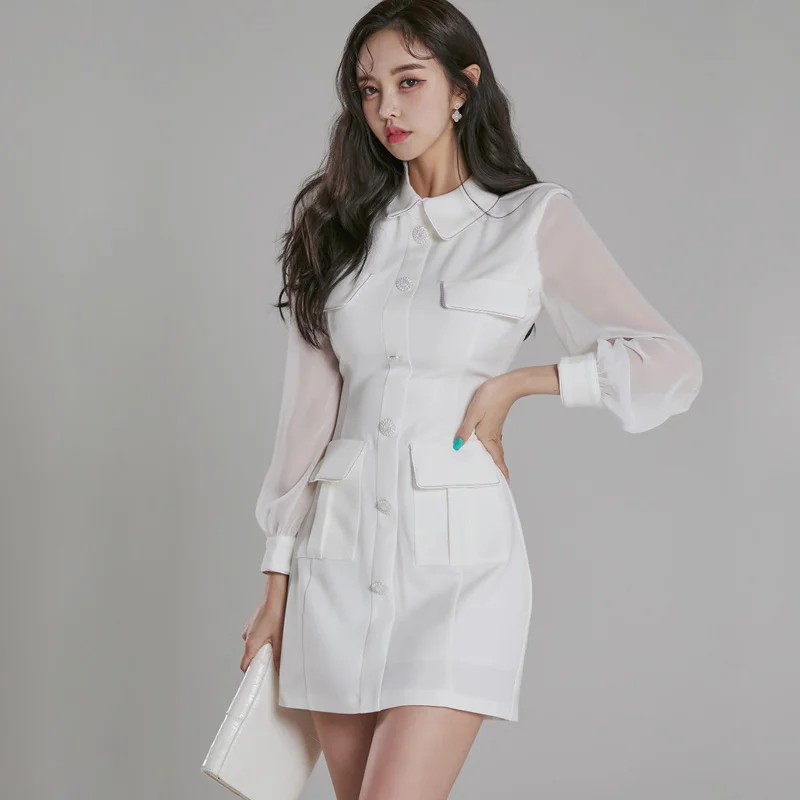 2021 New Korean Style Fashionable Lapel Single Breasted Mesh Stitching Slim Fit Slimming Long Sleeves Dress Jum | Женская одежда