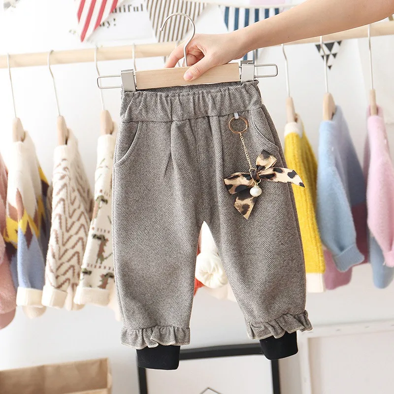 Warm Winter Baby Girls Kids Velvet Ruffles Harem Pants Leopard Bow Trousers Infants Children Princess Thicken Long Pant S10024 - Цвет: Grey