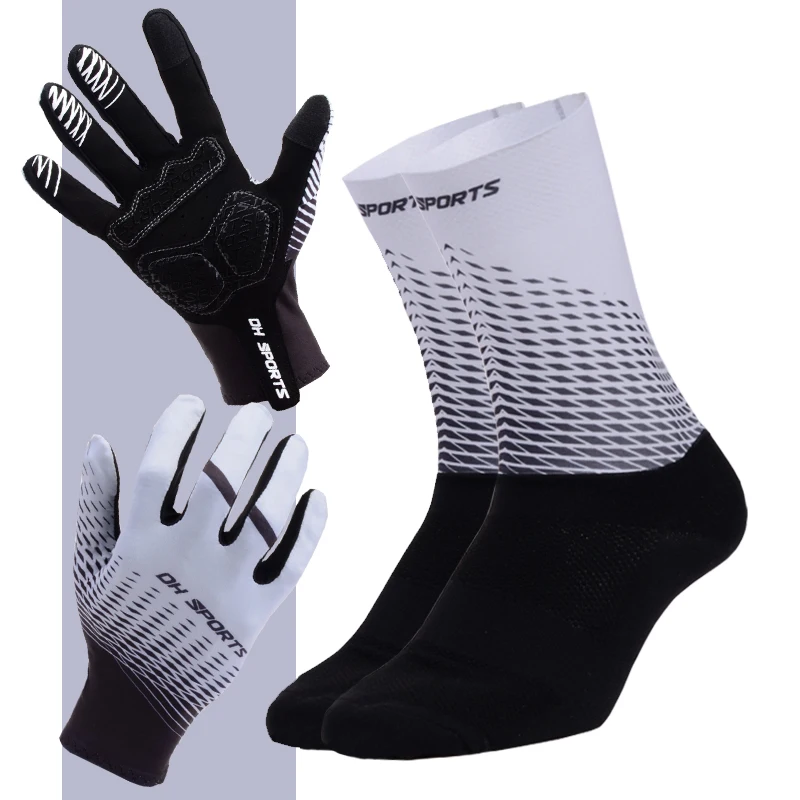 1 Pair Full Finger Cycling Gloves With 1Pair Cycling Socks Men Women Touch Screen Sport Bike Gloves Anti Slip Bicycle Sock Set - Цвет: gray