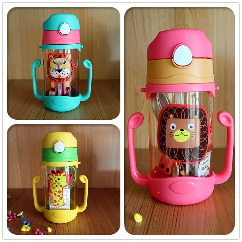 

Kids Animals Glass Water Bottle with Straw Bag Strap Carrier Locking Top Lid Leak Proof BPA Free Gilrs Boys Travel Hiking 400ml