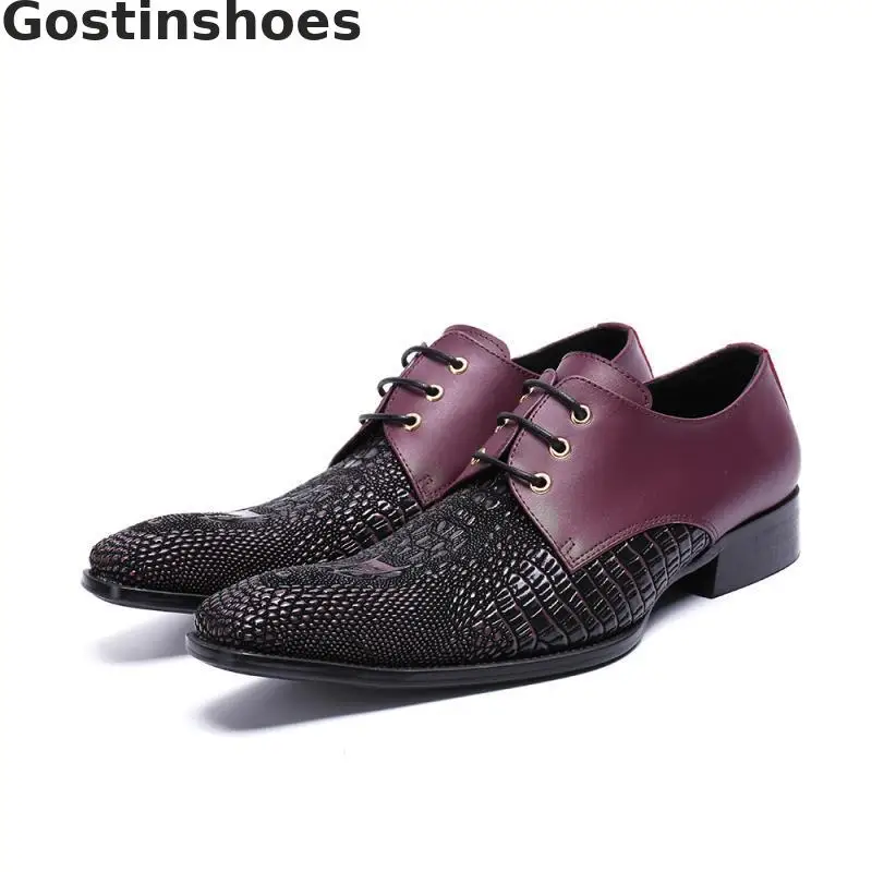 

Mixed Colors Brown And Black Crocodile Printed Genuine Leather Men Derby Shoes Lace-up Pointed Toe Men Casual Leather Shoes Men