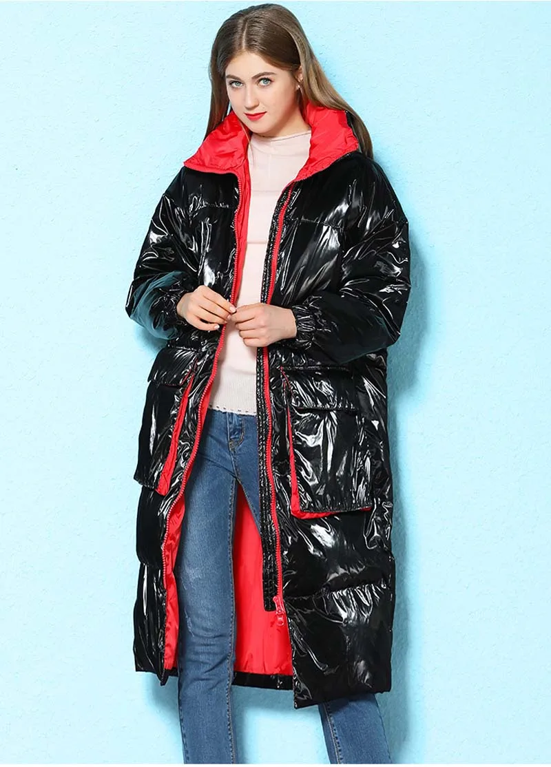 Winter Women Silver Duck Down jacket Loose High collar Female Long Outwear Long sleeve Thick warm Coat Casual YNZZU 9O096