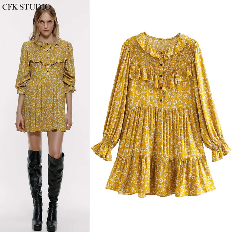 Женское двухслойное платье-рубашка ZA minidress повседневное желтое Хлопковое платье