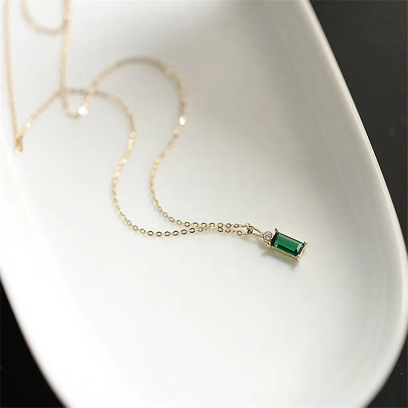 925 Sterling Silver European Simple Square Green Crystal Pendant Clavicle Chain Necklace Women Classic Plating 14k Gold Jewelry - Image 5