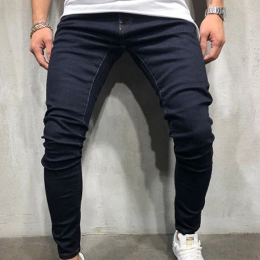 CYSINCOS Pencil Pants Elastic Sweatpants Men Fitness Solid Denim Long Pants Casual Pencil Jogger Casual Pants Black Blue Jeans