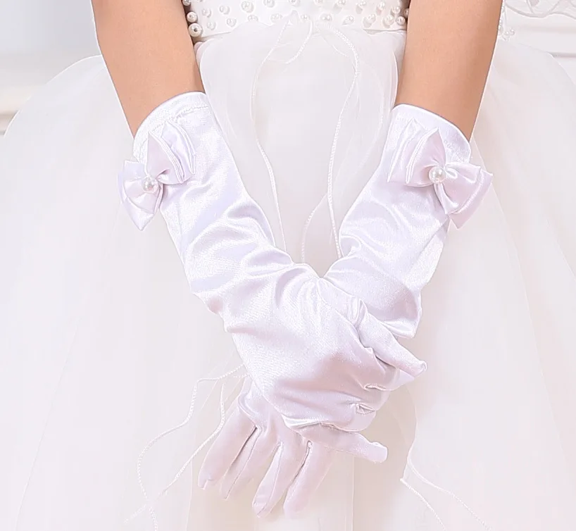 Милые белые свадебные перчатки для маленьких девочек, мягкие Вечерние перчатки принцессы с бантом