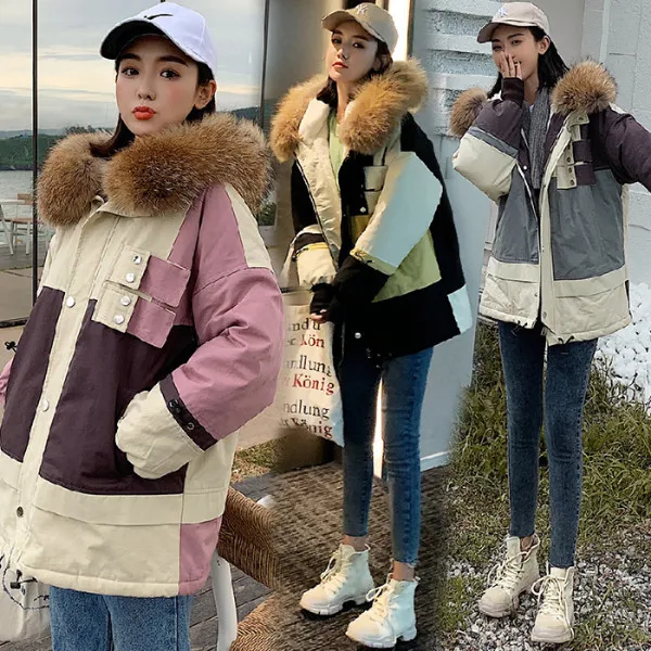 

2019 New Style Fashion Korean-style Workwear Inner Wearing Lambs Wool Mixed Colors down Jacket Women's Genuine Fur Collar Medium