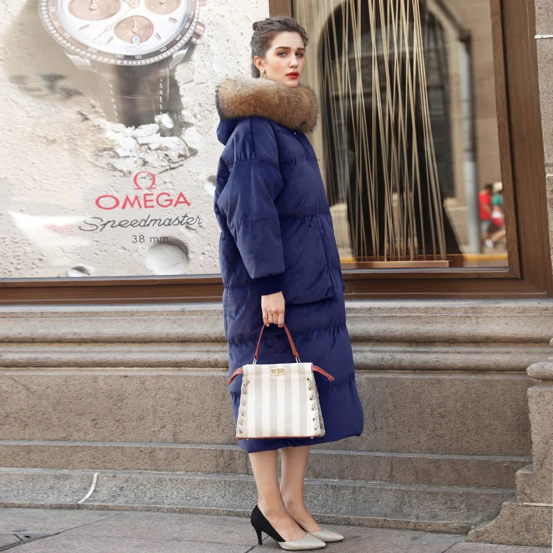 Winter Coat Female Thick Warm Women's Down Jacket Raccoon Fur Hooded 2020 Korean Vintage Velvet Long Duck W1297 | Женская одежда