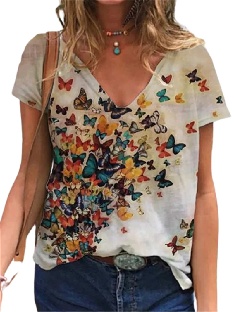 3D Butterfly Print Women T-Shirts Short Sleeve Oversized Summer Tee Loose Casual Basic Tops Female V-Neck Street T-Shirt 5XL Top cheap t shirts