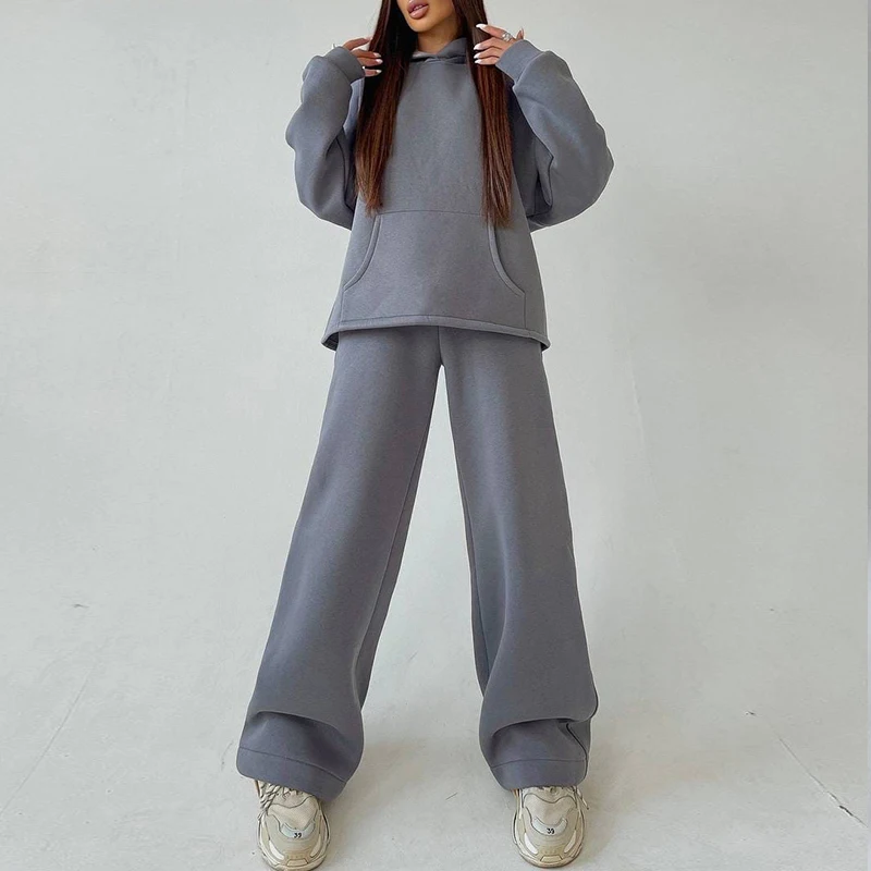 New Autumn Winter Hooded Pocket Sweater Suit Fashion Wide-Leg Pants Two-Piece Women's Clothes Pullovers Long Trousers Sports Set plus size pants suits evening wear