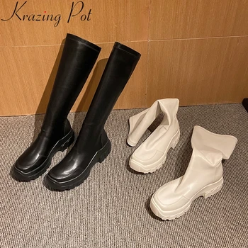 

2021 superstar stretch fabric round toe winter shoes brand pleated platform boots concise increasing dress mid-calf boots L55