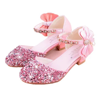 

Summer Girls Princess Shoes For Kids Party High Heel Sandals Flower Children Glitter Leather Shoes Butterfly Knot Dress Wedding