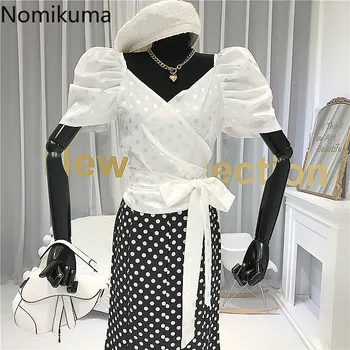 

Nomikuma Fashion Dot Puff Short Sleeve Women Blouses Cintage V Neck Bow Bandage Slim Waist Shirts 2020 Summer New Blusas 6A117