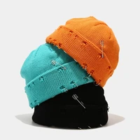 Winter Knit Beanie Hat with Pins O-Ring Distressed Hole Cuffed Melon Skull Cap X7YA 1