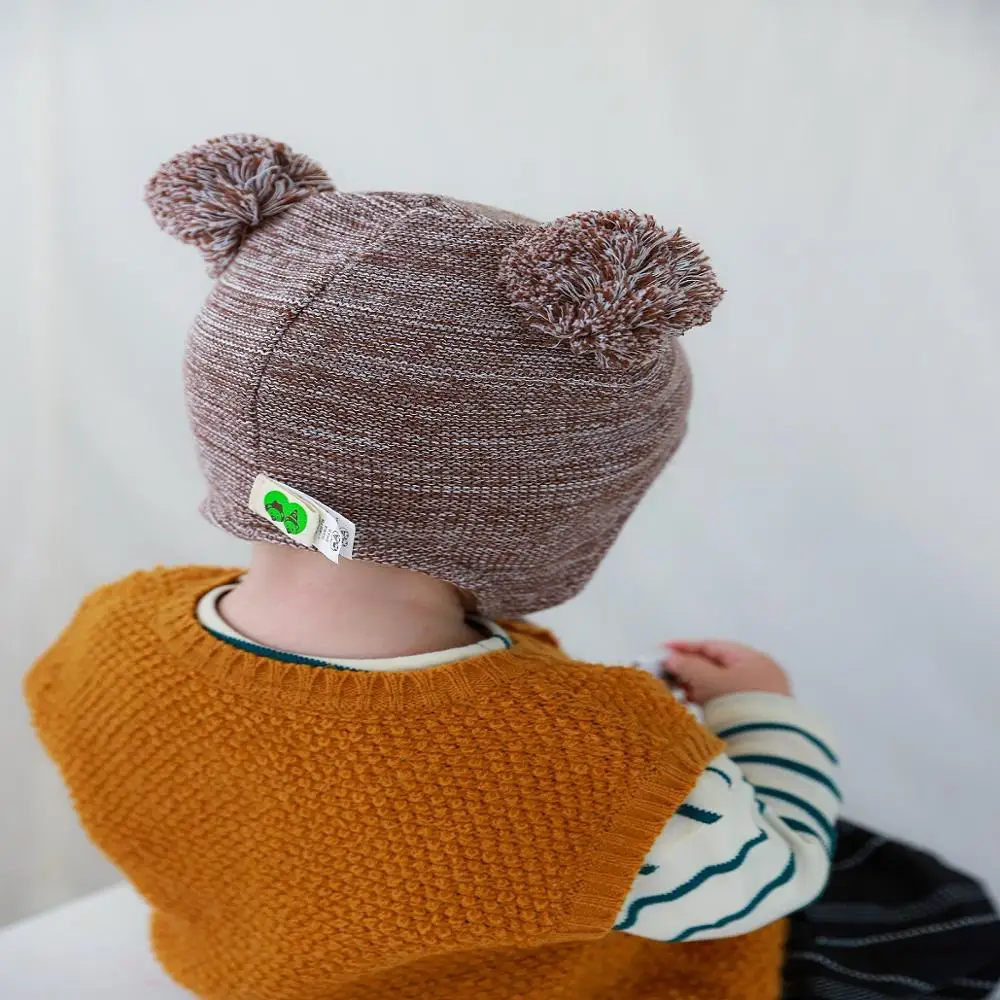 Новинка года; модная Стильная хлопковая вязаная детская шапка с наушниками; теплая зимняя шапка с помпоном