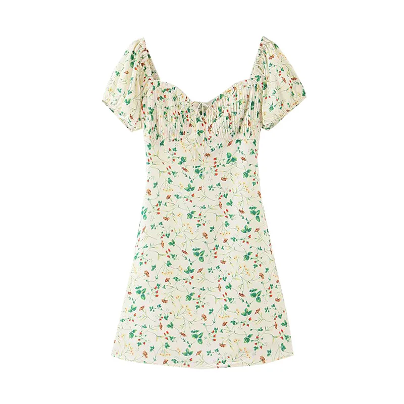 

2020 Spring WOMEN'S Dress New Products Sweet Literature And Art Pleat Drawstring Floral Waist Hugging Slimming Dress Holiday Sho